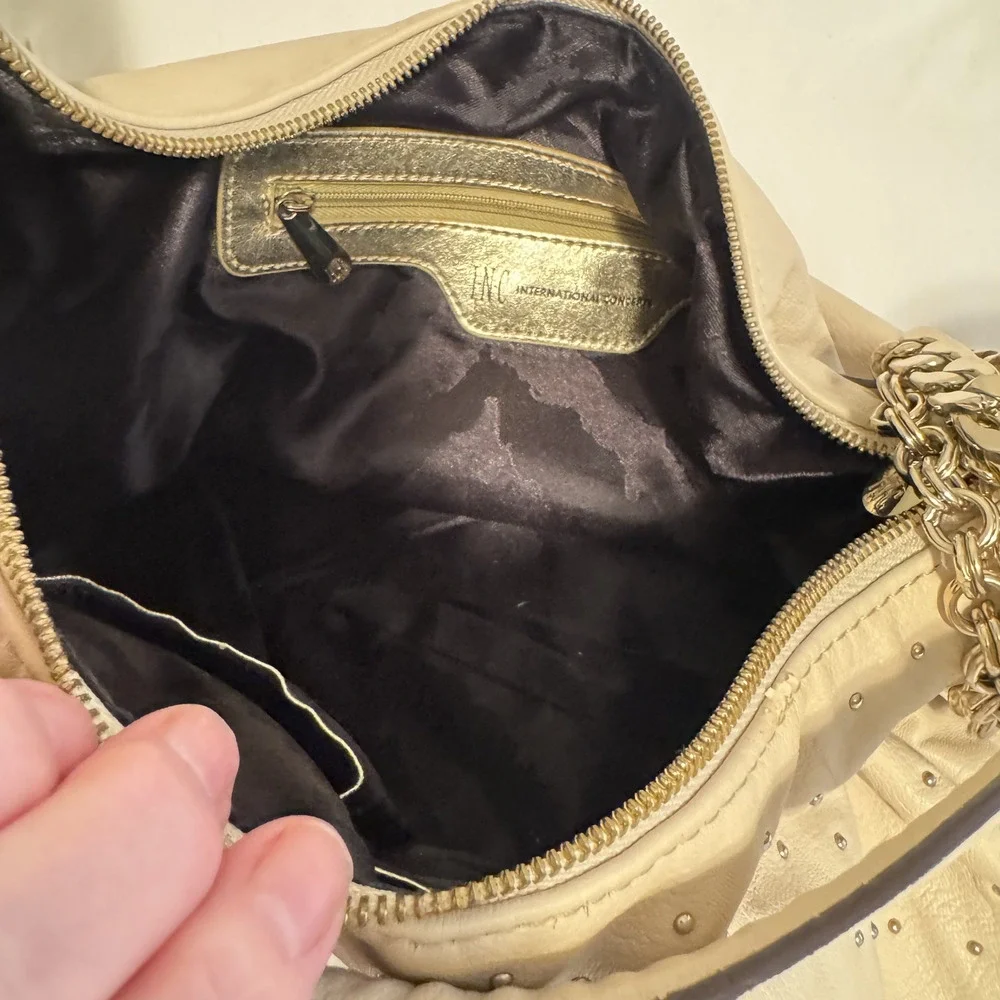 INC INTERNATIONAL CONCEPTS Ivory Studded‎ hobo shoulder bag gold chain crescent